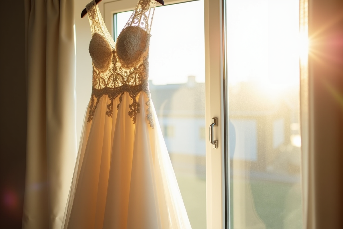 Robe de mariée suspendue près d'une fenêtre ensoleillée avec dentelle délicate