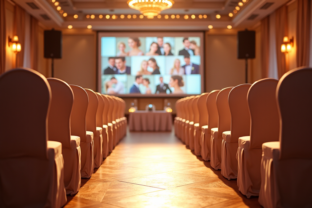 Salle de mariage avec chaises et écran de projection coloré