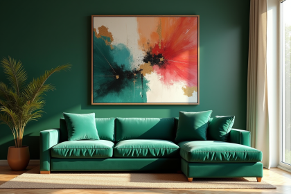 Salon luxueux avec canapé vert émeraude et œuvre d'art tendance 2025
