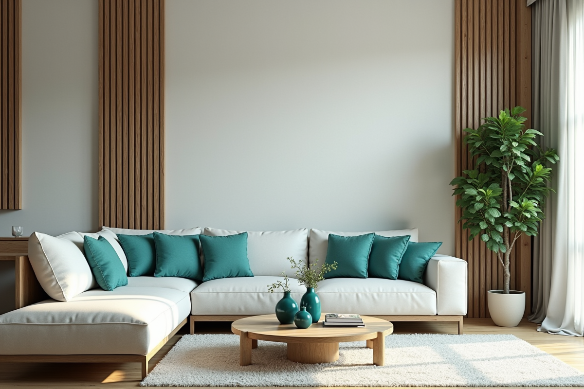 Salon moderne avec accents turquoise et mobilier en bois
