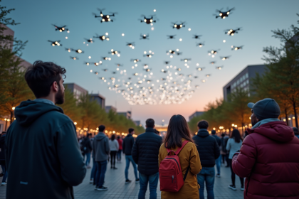Spectateurs regardant des drones dans le ciel en soirée
