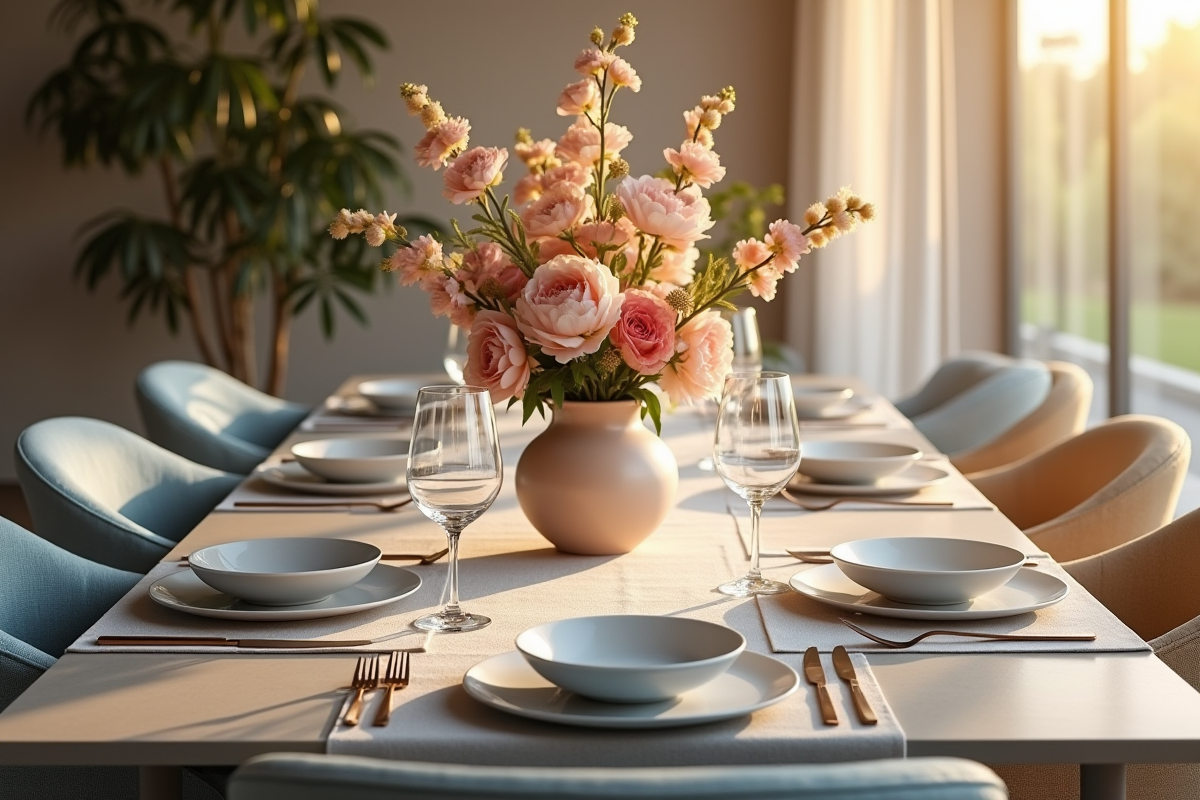 Table à manger haut de gamme avec vaisselle pastel et fleurs dramatiques
