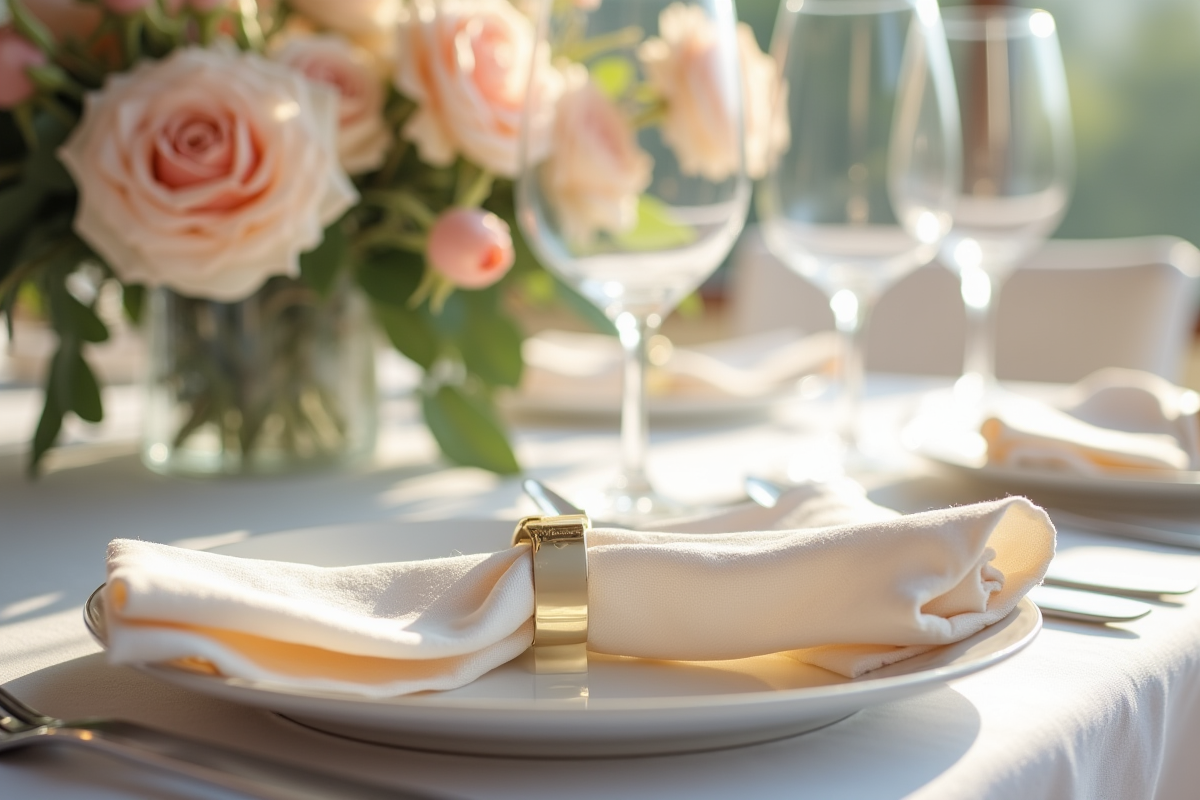 Table élégante pour dîner avec nappes pastel et fleurs