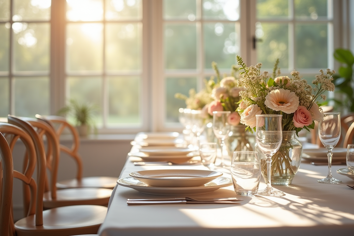 Table de mariage élégante avec vaisselle et fleurs pastel