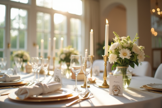 Table de mariage élégante avec fleurs blanches et bougies