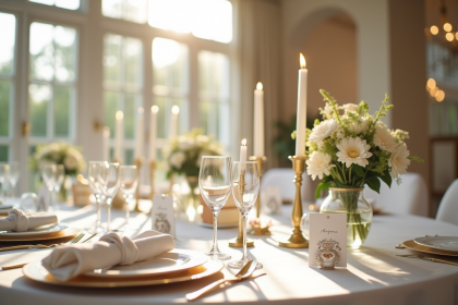 Table de mariage élégante avec fleurs blanches et bougies