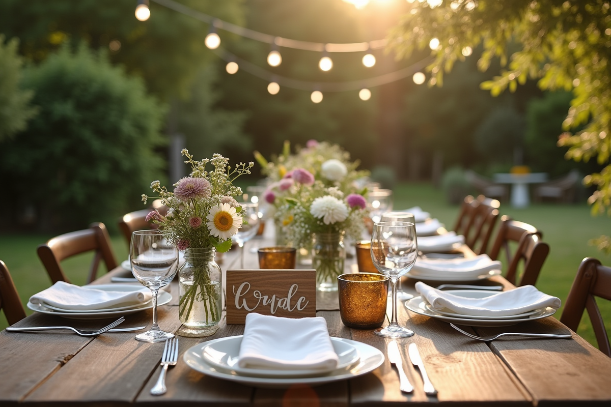 Table de mariage rustique en plein air avec fleurs sauvages