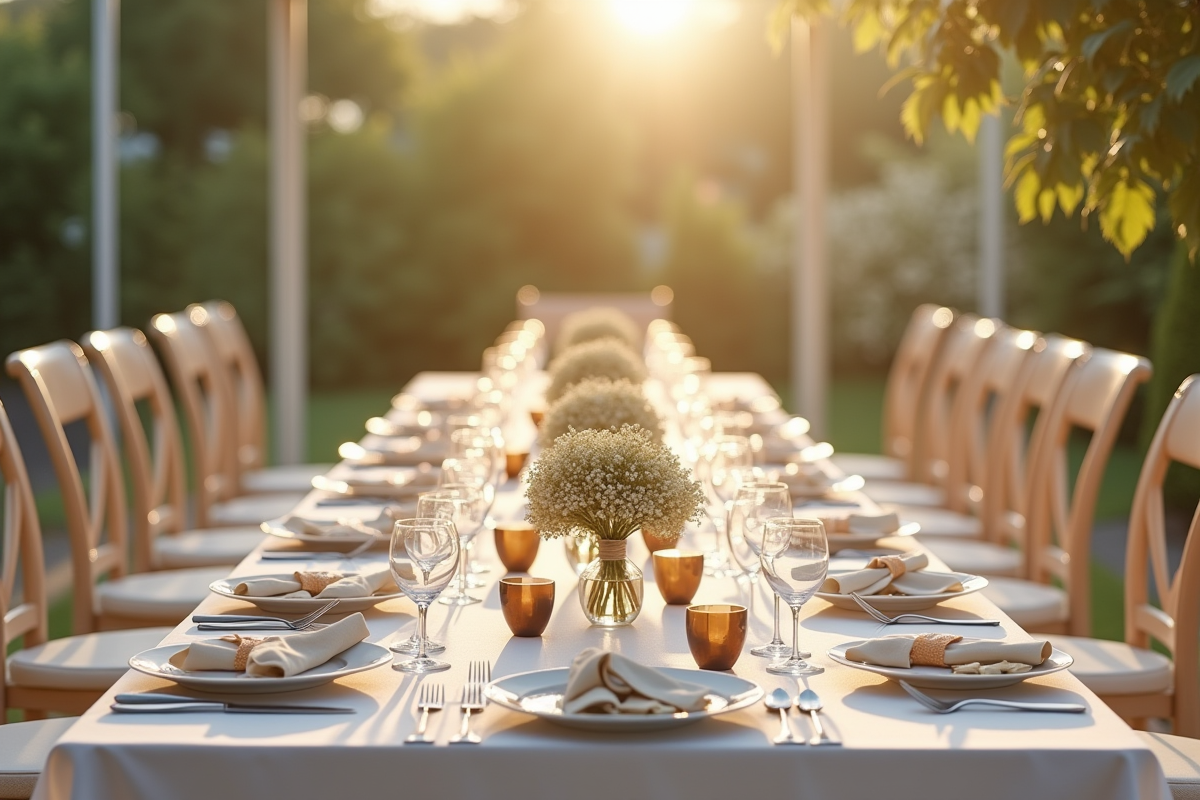 Table de reception de mariage avec nourriture et bouquet en focus