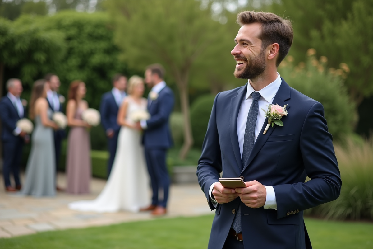 Jeune homme en costume bleu souriant avec le marié dans un jardin