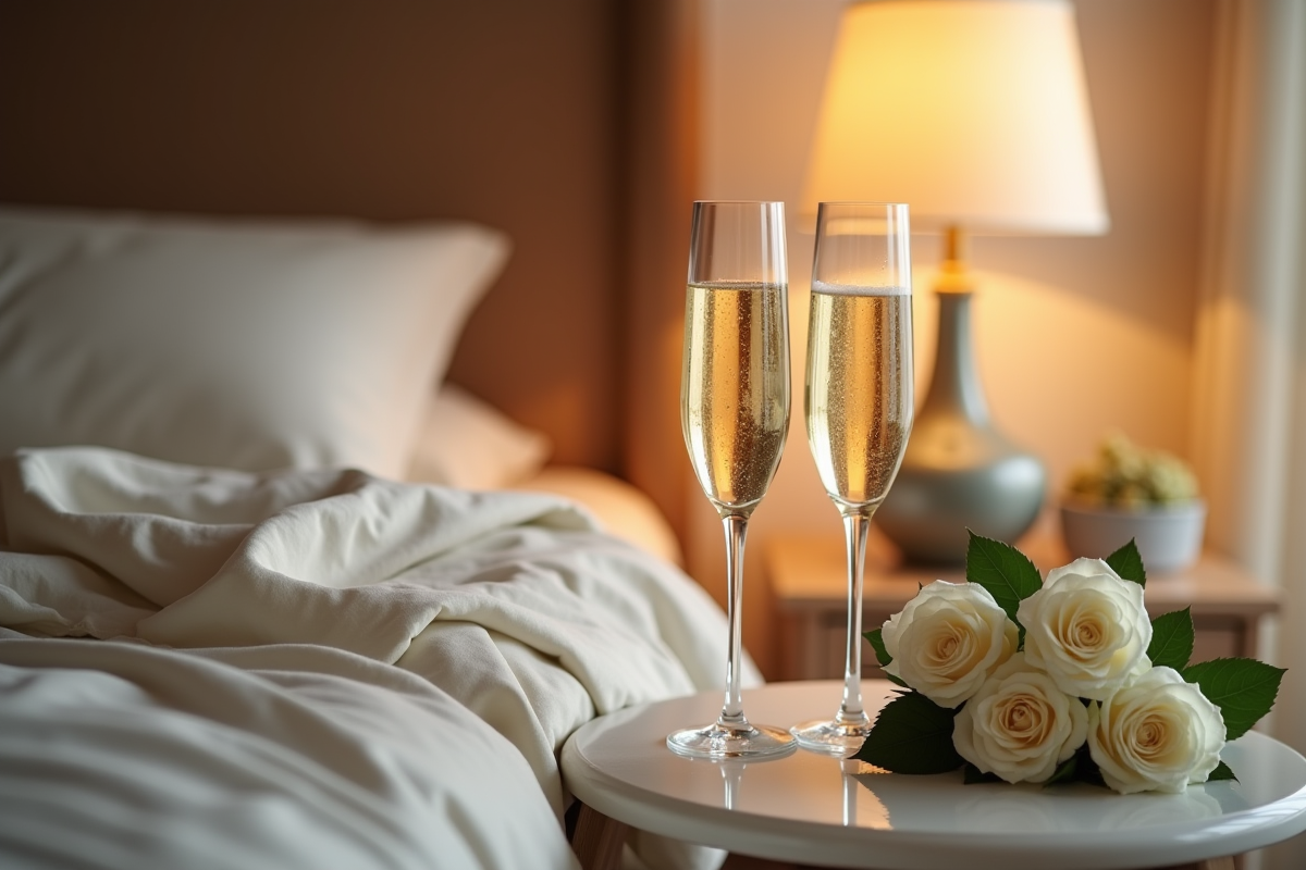 Deux verres de champagne et bouquet de roses blanches