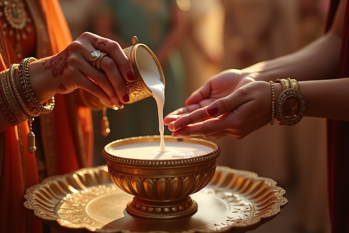 Gros plan sur la main versant du lait dans un vase traditionnel lors d